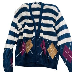 Silvercord Sweater Argyle Cardigan Vintage size Small Shoulder pads Stripes